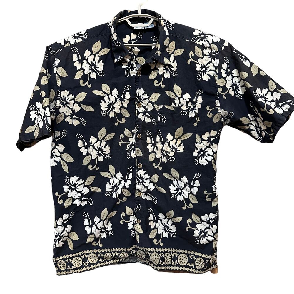Vintage OP Ocean Pacific Shirt XL Large Gray Tan Floral Button Up Short Sleeves